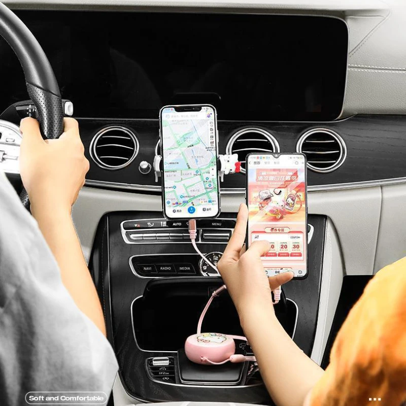 Sanrio Hello Kitty 3-in-1 Fast Charging Retractable Charger for Car, Suitable for Android and Apple Universal Data Cable