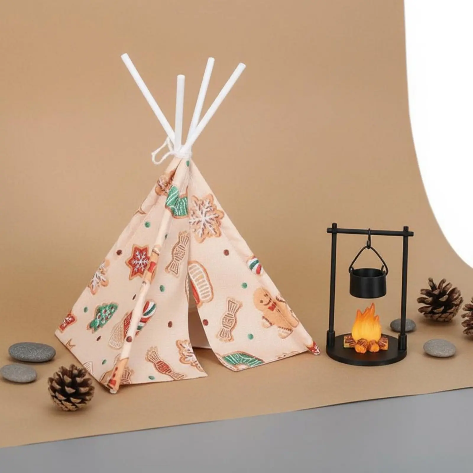 

Dollhouse Teepee Tent Highly Detailed Miniature Camping Set Miniature Campfire Model Creative DIY Fake Fire Decoration