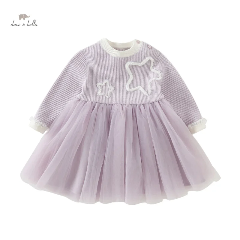 Dave Bella Princess Dress for Girls Baby Children 2024 New Autumn Long Sleeved Charm Purple Star decorate Gentle Cute DB3241865