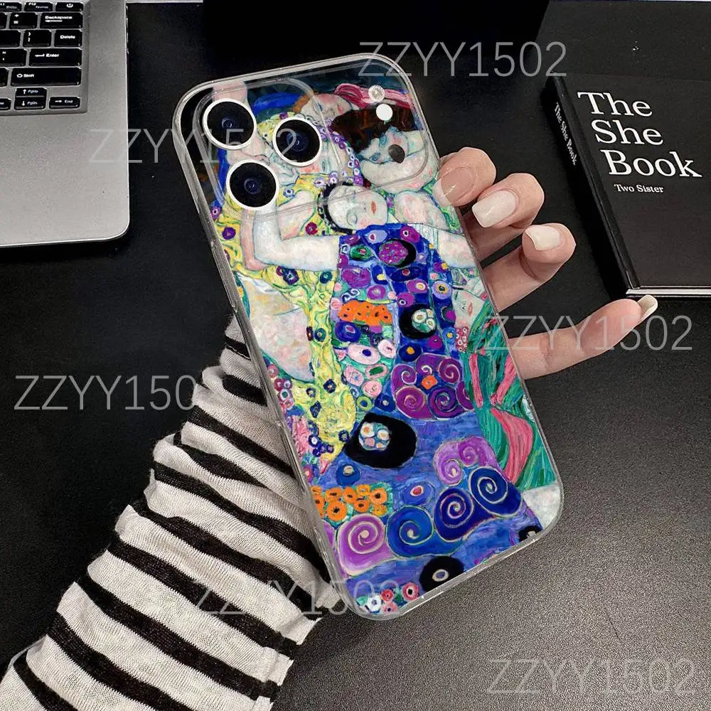 Поцелуй Густава Климта ART для iPhone 17,16,15,14,13,12,11 Pro,Max,Plus,X,XS,XR,SE4,E Мини-прозрачный мягкий защитный чехол