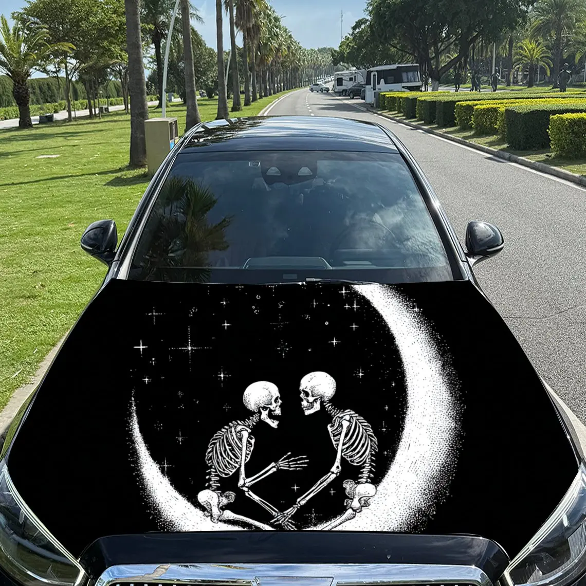 

Skeletons on Moon Car Hood Sticker, Waterproof Self-adhesive Vehicle Vinyl Wraps Decal, Trendy Auto Exterior Decoration, Anti-sc