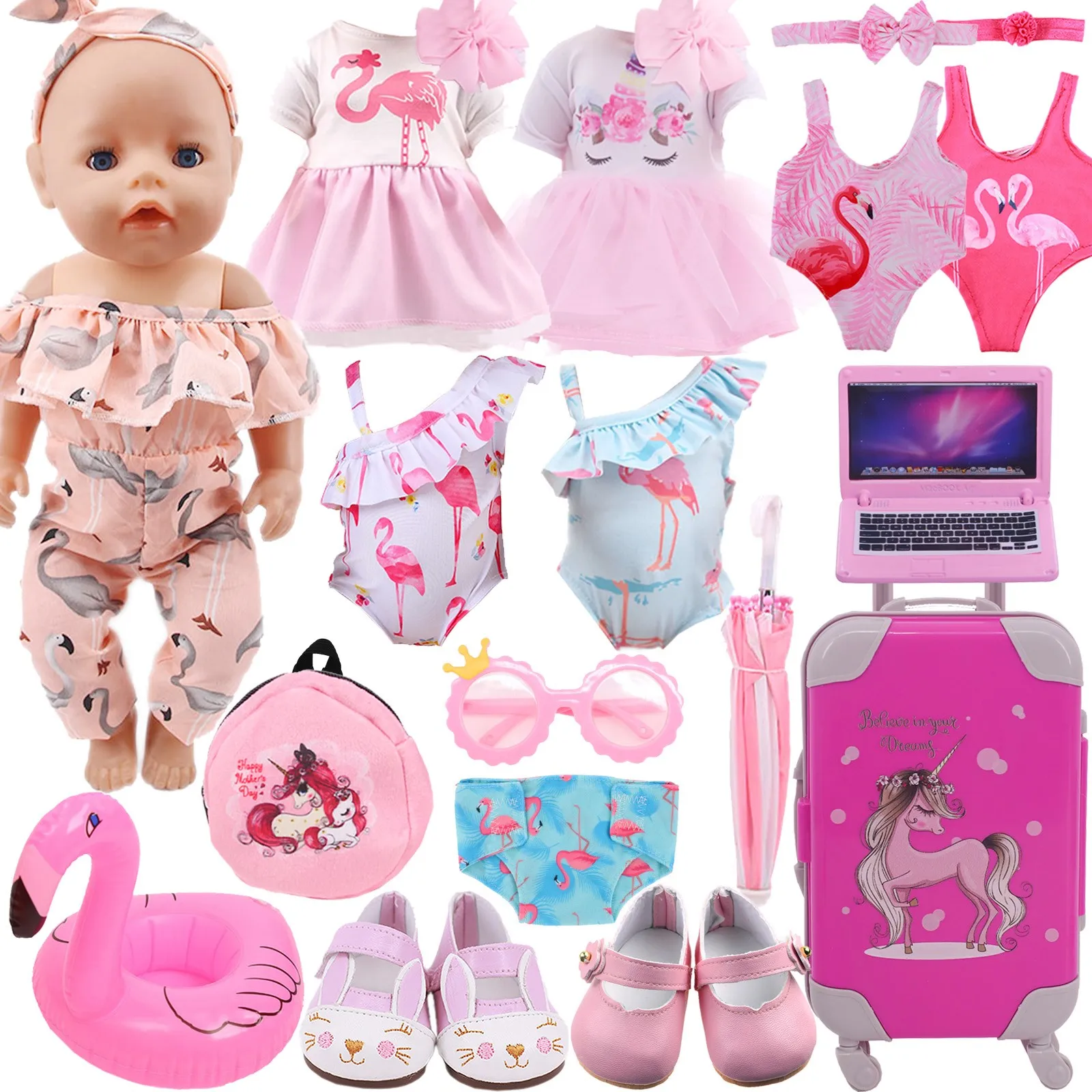 43Cm poupée vêtements flamant rose robe chaussures accessoires né bébé ajustement 18 pouces américain et 43Cm bébé nouveau-né poupée renaître fille