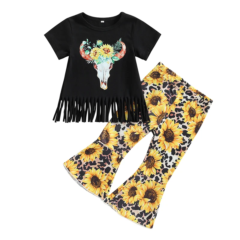 

1-6Y Toddler Girl Clothes Set Bull Head Print Short Sleeve Round Neck Tassel T-Shirt Sunflower Pattern Flare Pants