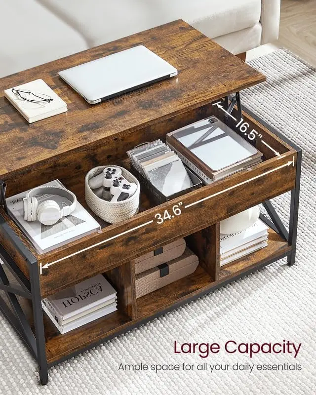 Lift Top Coffee Table with Storage Shelf and Hidden Compartments, 19.7 x 39.4 x (19.3-24.4) Inches, Rustic Brown and Black