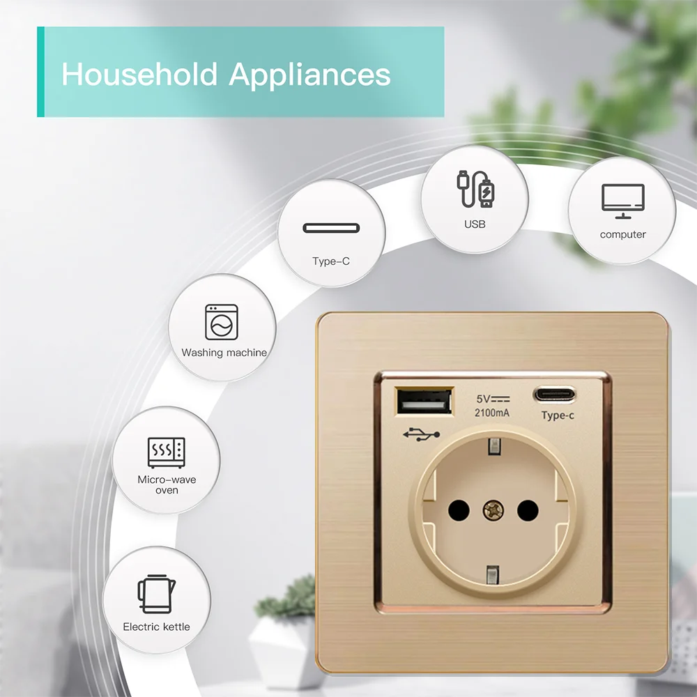 EIOMR 16A الاتحاد الأوروبي الجدار المقابس الكهربائية والمفاتيح الفاخرة الذهب لوحة من الفولاذ المقاوم للصدأ مخرج طاقة التيار المتناوب 110 ~ 250 فولت تحسين المنزل