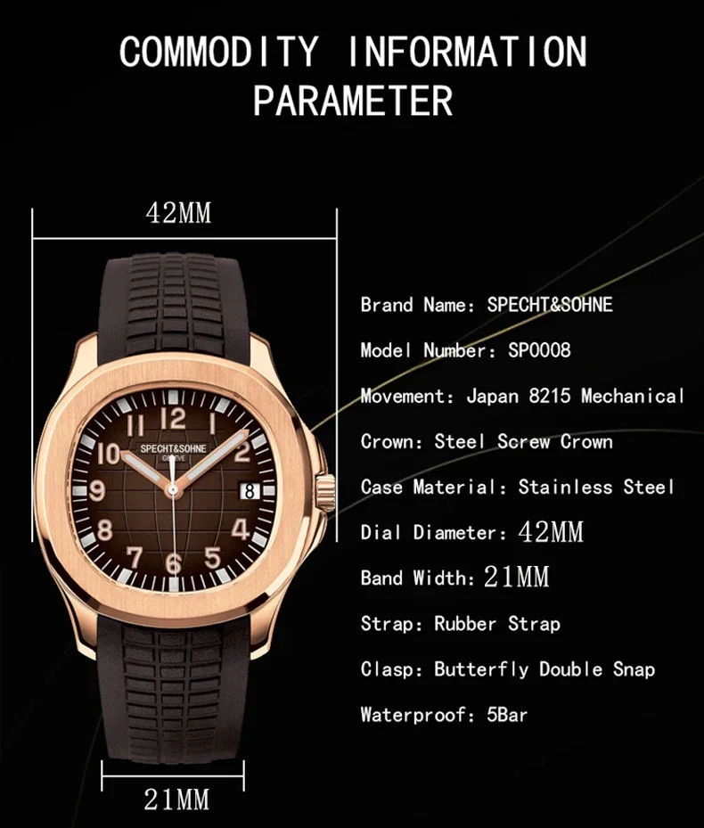 Specht&Sohne 40 mm Herrenuhren, mechanische Uhr, Japan, Miyota 8215 Movt, Roségold, Edelstahl, klassische 5167-Uhr, wasserdicht – Detail 4
