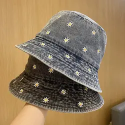 Spring Denim Cartoon Flower Embroidery Bucket Hat Fisherman Hat Outdoor Travel Sun Cap For Girl And Women