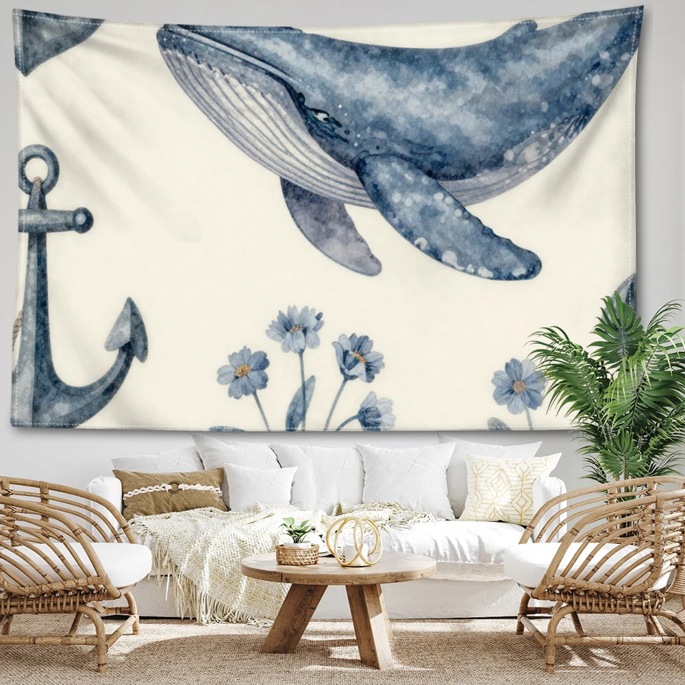 Ivory Blue Whale Anchor Daylily Wall Tapestry, Boho Decor