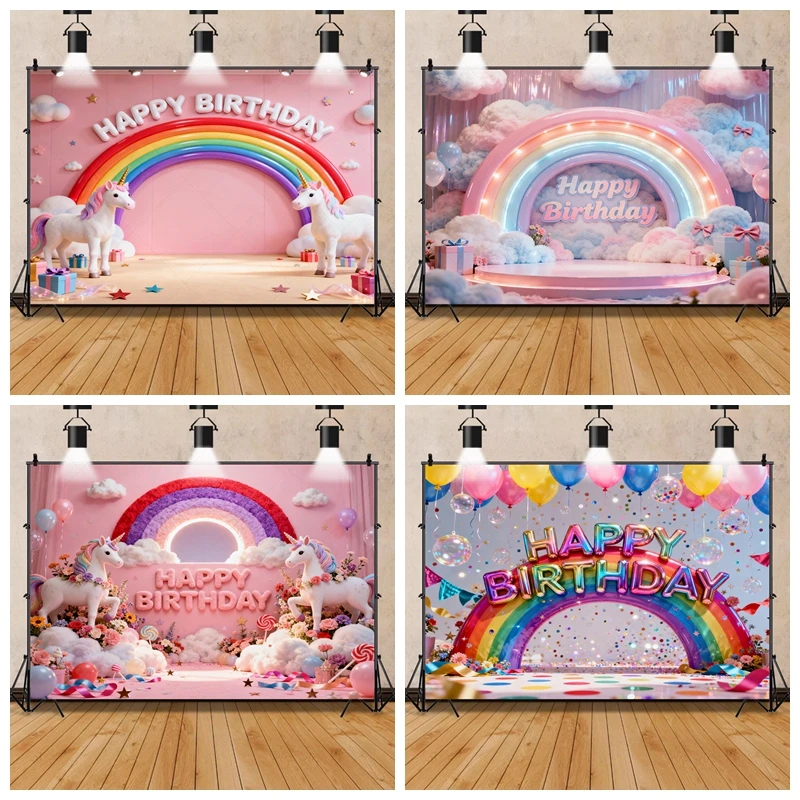 

3D Rainbow Unicorn Backdrop for Girl Birthday Party Baby Shower Decor Pink Cake Table Photography Background Custom Vinyl Banner