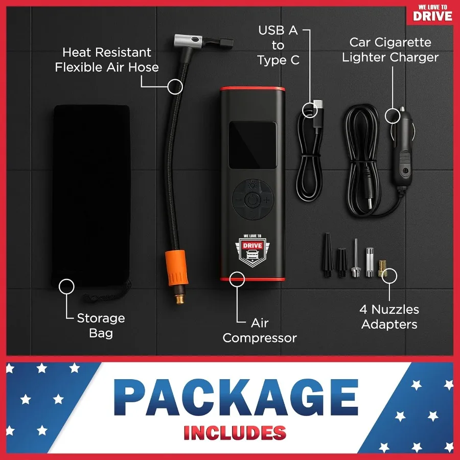 ضاغط هواء كهربائي محمول 12 فولت تيار مستمر لمنفاخ إطارات السيارات مع أقصى ضغط 150 رطل لكل بوصة مربعة ومقياس ضغط الإطارات المدمج