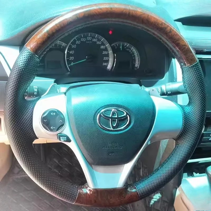 

for Toyota Camry Venza 2012-2015 Hand Stitched non-slip black Genuine leather peach wood grain Car Steering Wheel Cover