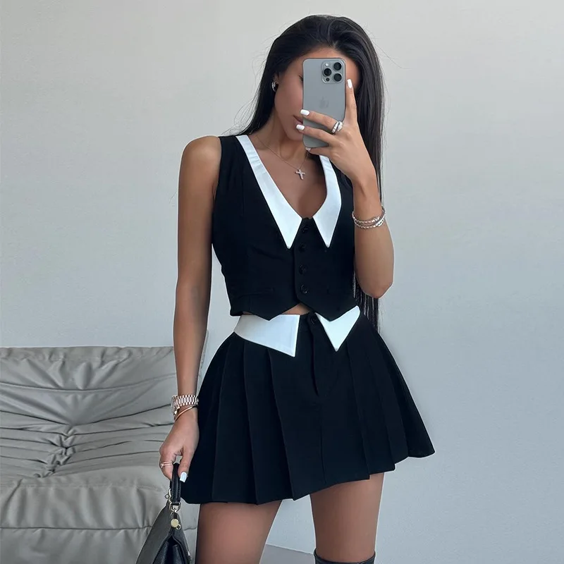 Streetwear Contrast Color Two Piece Set Outfits Elegant V-neck Sleeveless Button Vest Tops+Pleat Mini Skirt Suit Summer Slim Set