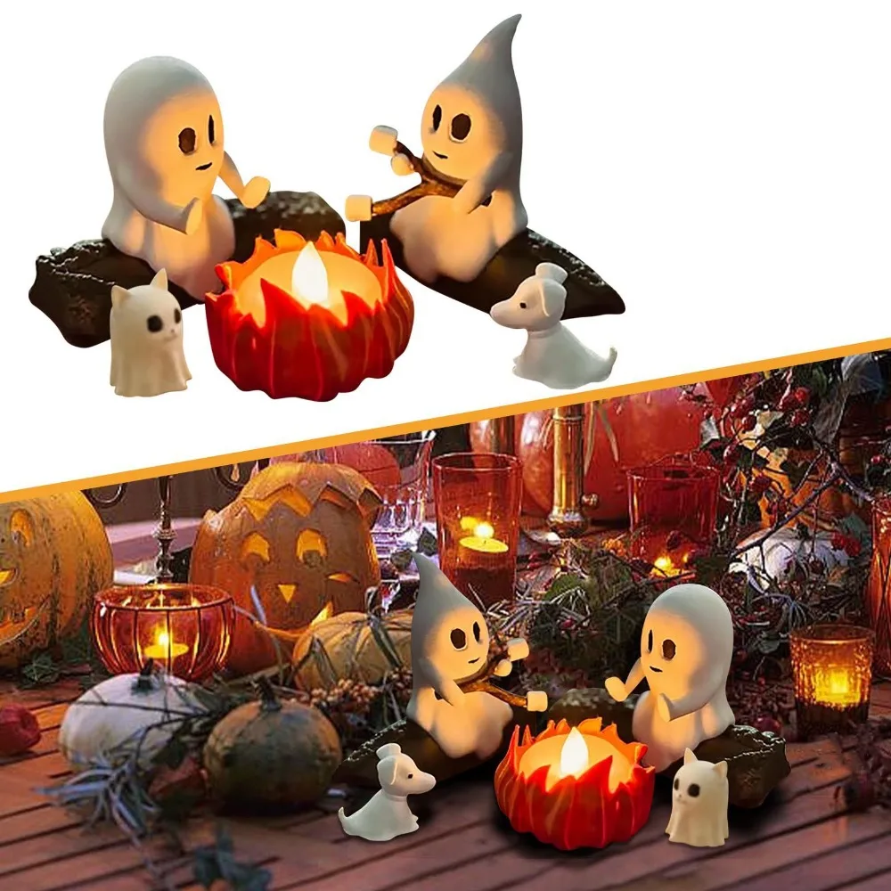 5PCS Resin Halloween Ghost Campfire Dog Cat Statue LED Candle Cartoon Ghost Bonfire Ornament Set Mini 3D