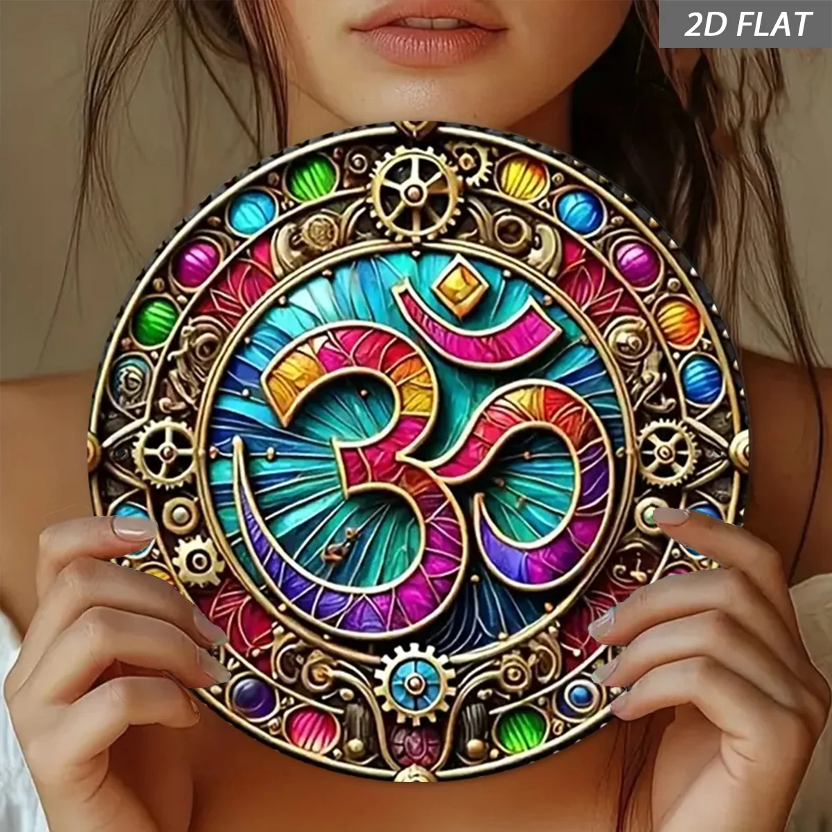 2D Flat, 1pc Om Mantra Wall Art - 8-Inch Round Aluminum Metal Om Symbol with Multicolor Chakra Design (Root/Sacral//Lunar/Solar/