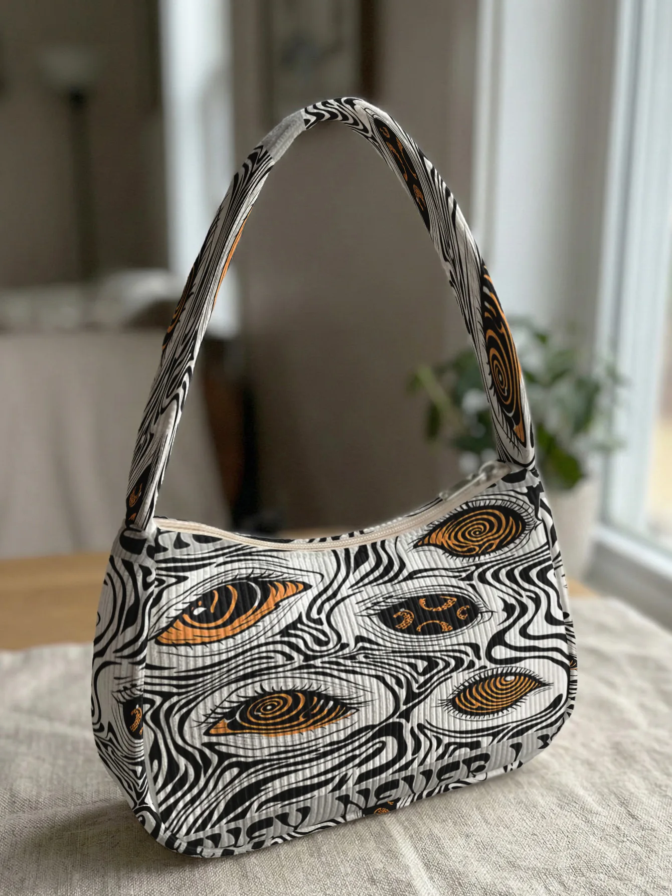 Trendy Psychedelic Eye Print Shoulder Bag, Corduroy Underarm Bag for Daily Casual Use