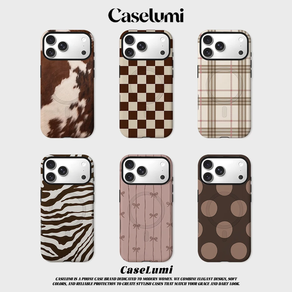 

Чехол CaseLumi Matte Bumper для Magsafe для iPhone 17 16 15 14 Plus 13 Pro Max, противоударный, из твердого поликарбоната, коричневый и белый, с отделкой из коровьей кожи