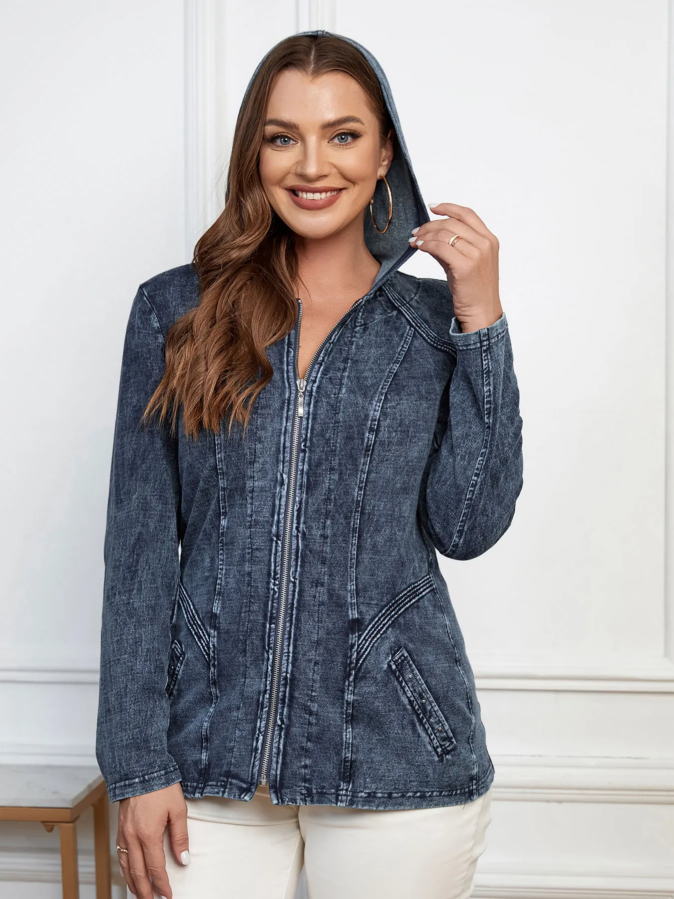 LIH HUA Women's Plus Size Hooded Denim Jacket Fall Stretch Cotton Knit Long Sleeve Casual Jacket