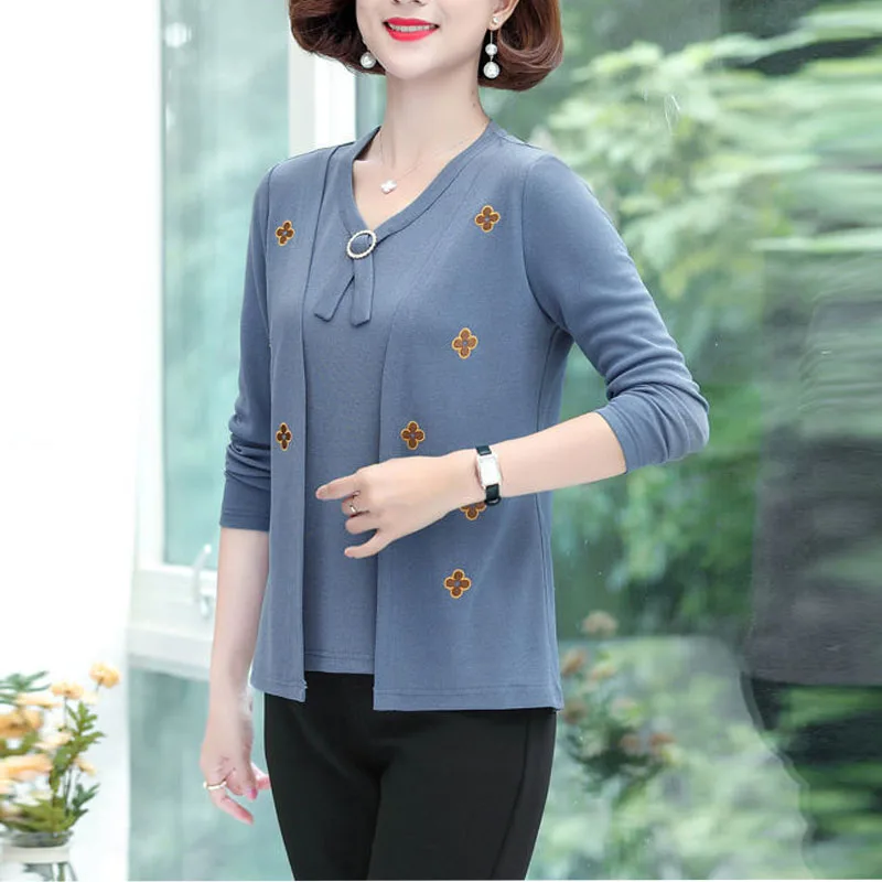 2023 New Autumn Pure Cotton Fashion Underlay Shirt Small Fragmented Flowers for Middle and Old Age Women\'s Clothing Fashionable