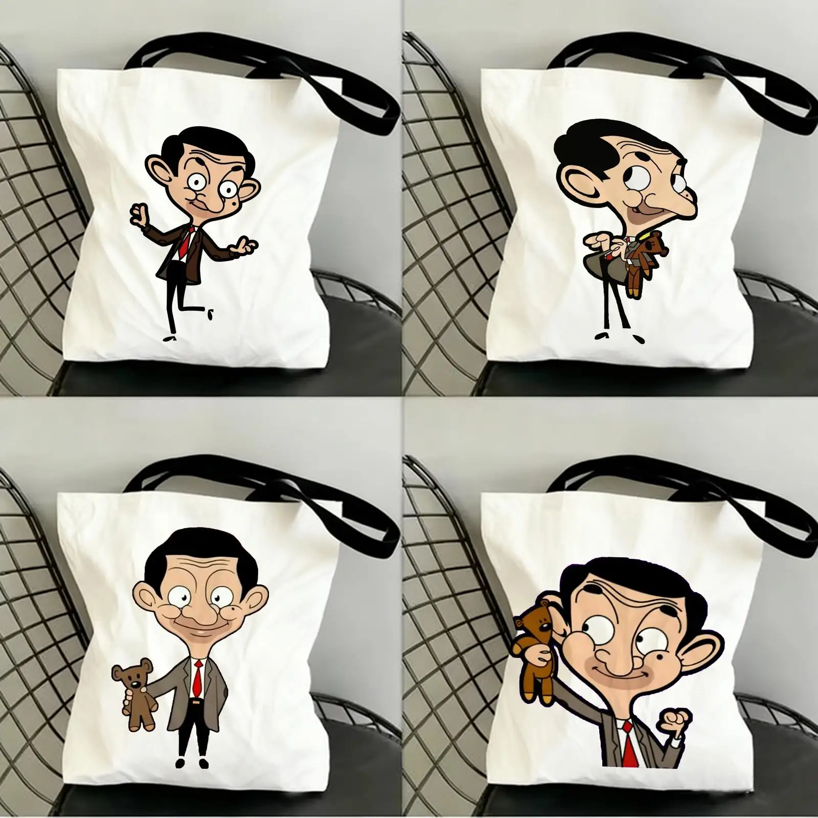 

Mr. B-Bean Cartoon Storage Bags Canvas Double-Sided Print Fashion Shoulder Tote Shopping Bag Gift Eco Handbags