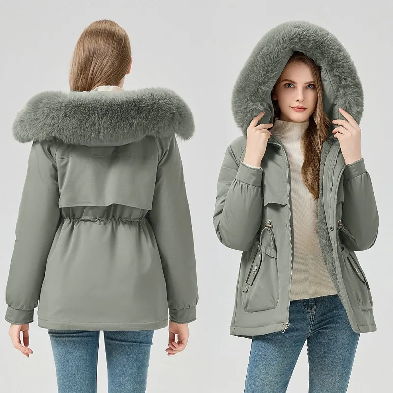 

Women's Fleece Lined Down Cotton Jacket Loose Fit Mid Length Korean Style Winter Coat Outerwear Fashion
