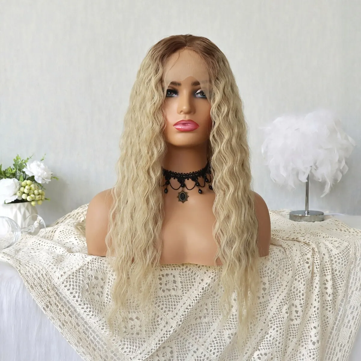 Long Curly Synthetic Lace Front Wigs Honey Blonde Wigs for Women Loose Deep Wave Wig Natural Looking Crimps Heat Resistant Hair