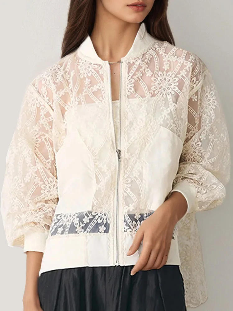

Sexy Embroidery Lace Hollow Out Jacket Women Spring O Neck Zipper Coat Cardigan Autumn Long Sleeve See Through Top Outwear Mujer