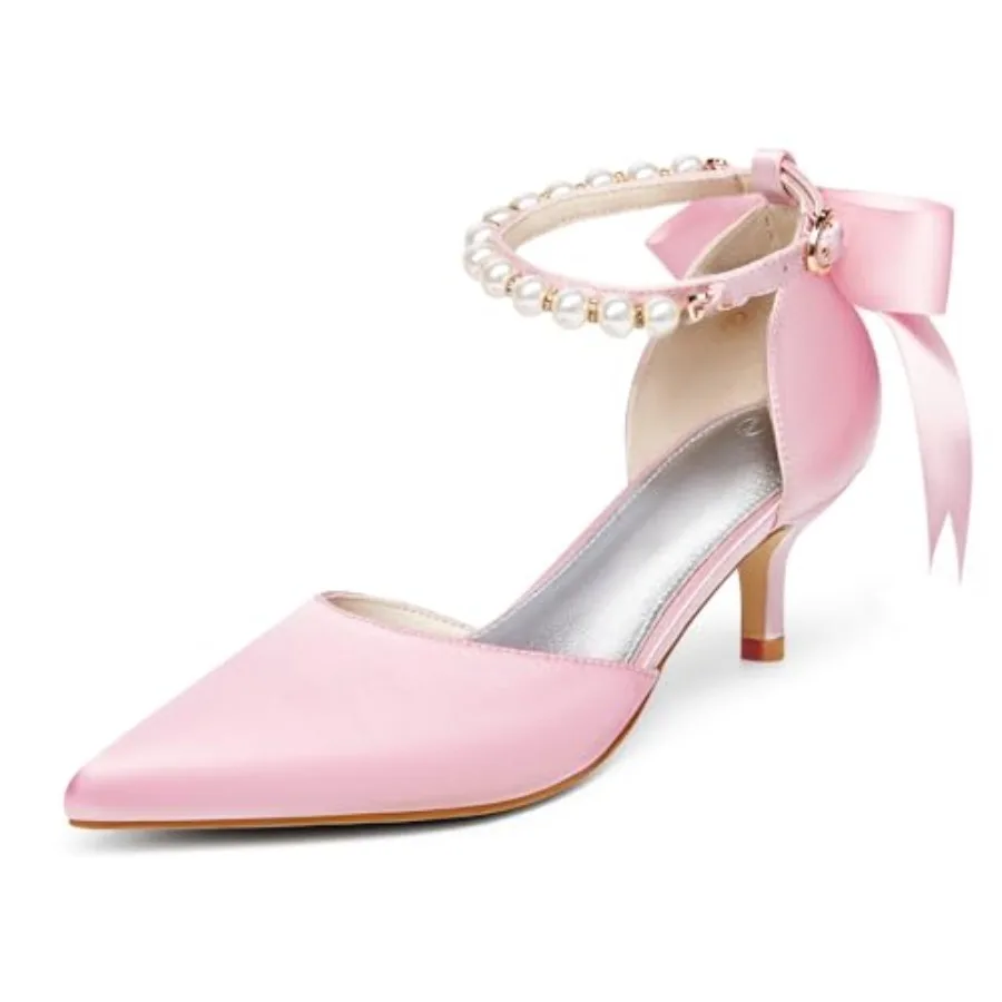 

Womens Pearl Ankle Strap Pumps Low Kitten Heel D'Orsay Satin Back Tieknot Heels Pointed Toe Wedding Party Dress Shoes