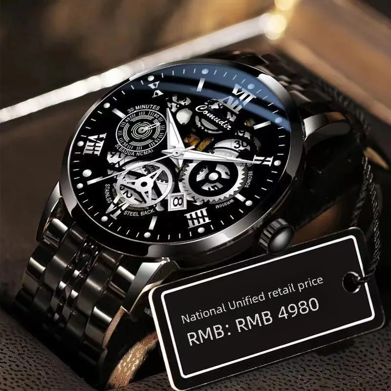 Cross-Border Foreign Trade Hollow Men's Watch Men's Waterproof Luminous Calendar AliExpress Dried Shrimp TikTok Kuaishou One Pie