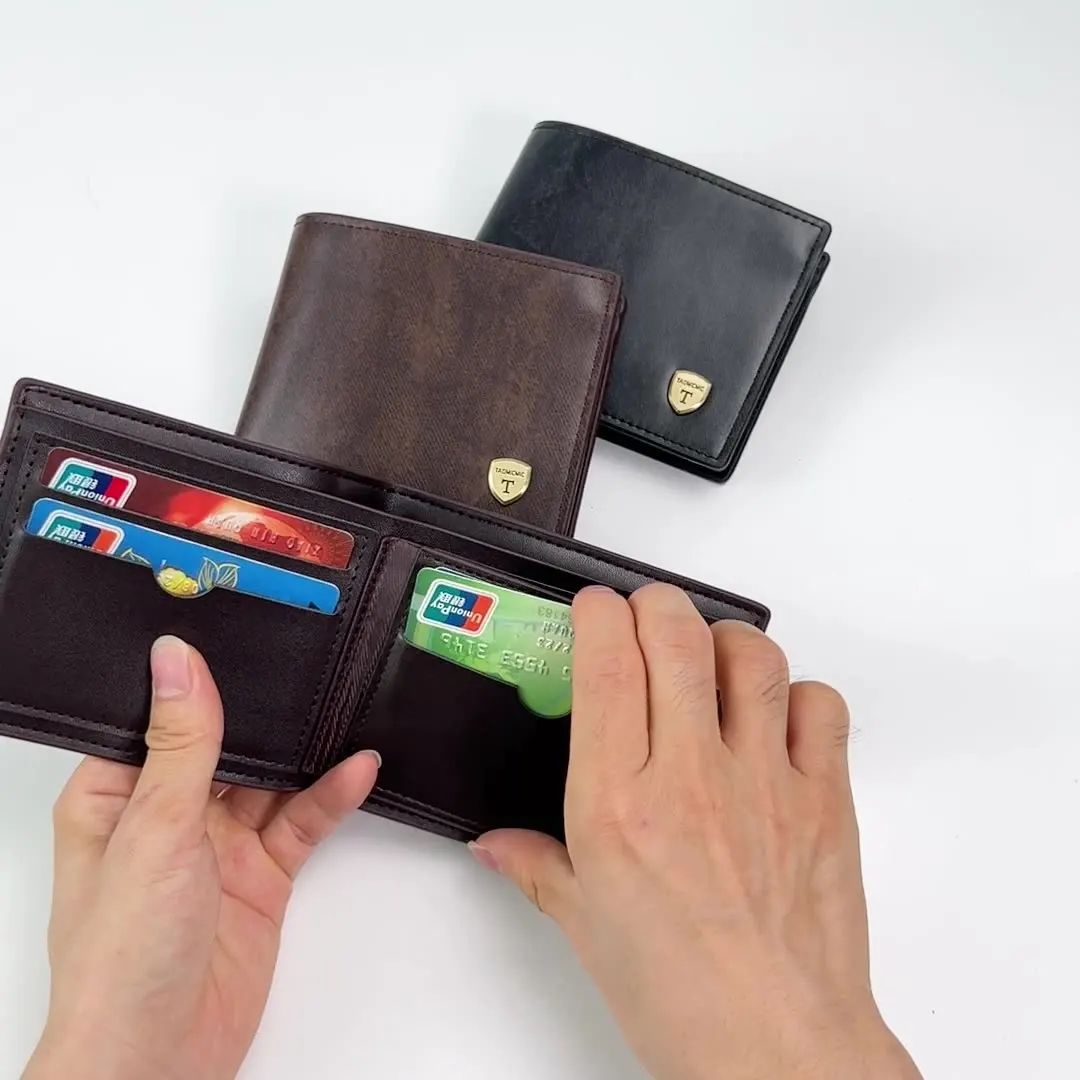 محفظة رجالية قصيرة على طراز الأعمال، ملمس عتيق مع شعار معدني، جودة تجارية عبر الحدود متوفرة في المخزون