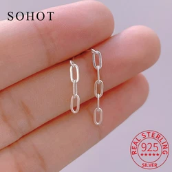 Real 925 Sterling Silver Asymmetrical Chain Stud Earring for Women Party Minimalist Trendy Fine Jewelry Geometric Accessories