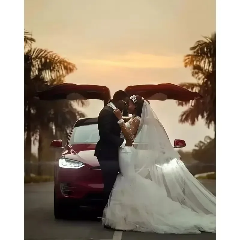 Maßgeschneiderte Meerjungfrau Brautkleider mit langen Ärmeln Illusion Stehkragen Perlen Kristalle Sweep Zug Maßgeschneidertes Brautkleid Vesti