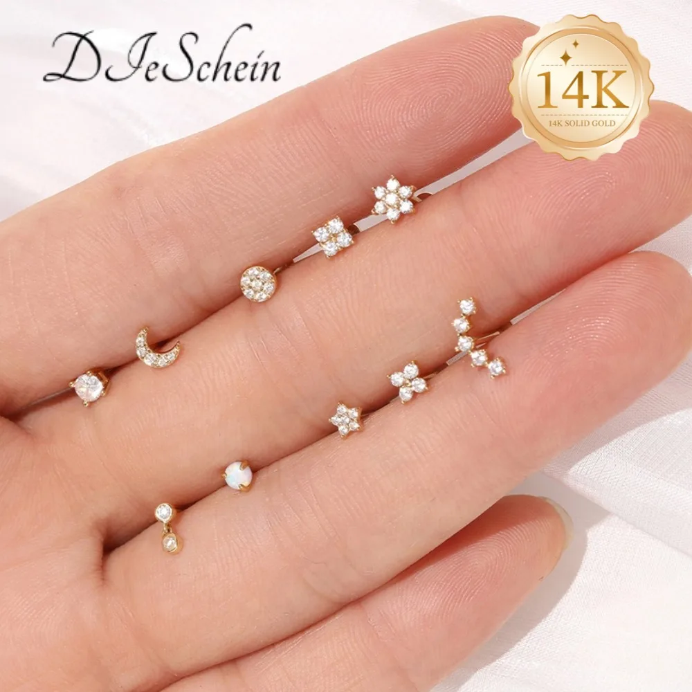 DIeSchein 14K Solid Gold Stud Ear CZ Helix Cartilage Stud Daith Septum Clicker Hoop Hypoallergenic Piercing Jewelry For Women