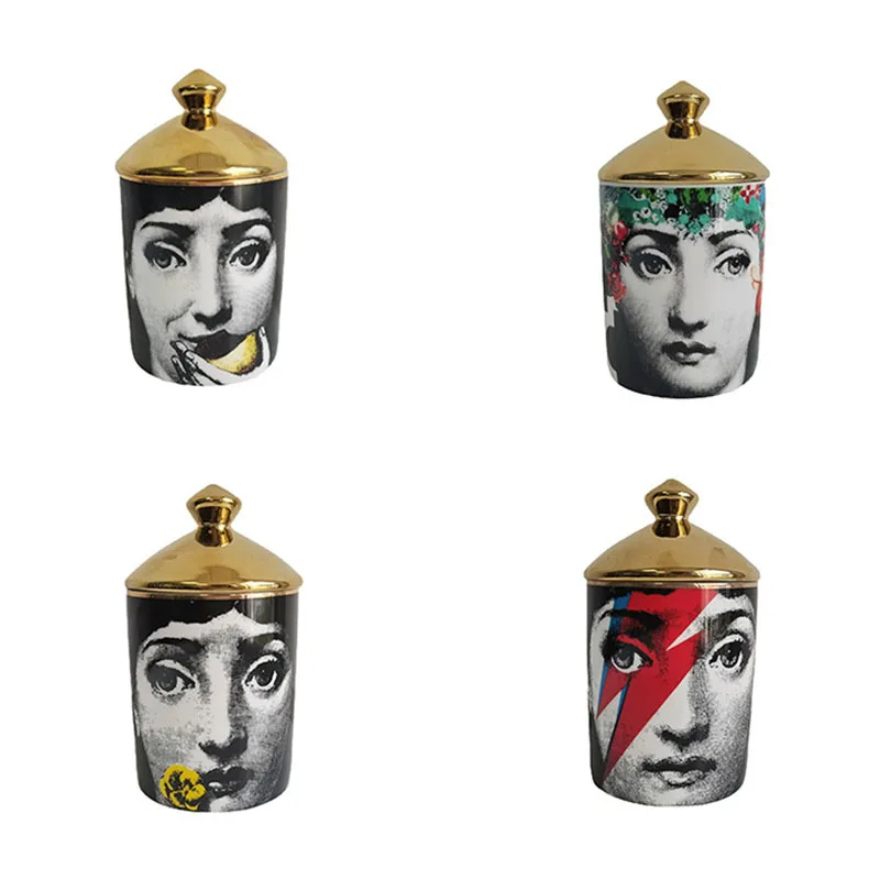 Vintage Female Portrait Storage Tank with Gold Lid Diy Candle Holder Beauty Dressing Brush Pen Box Ceramic Jar Candy Spice Tin