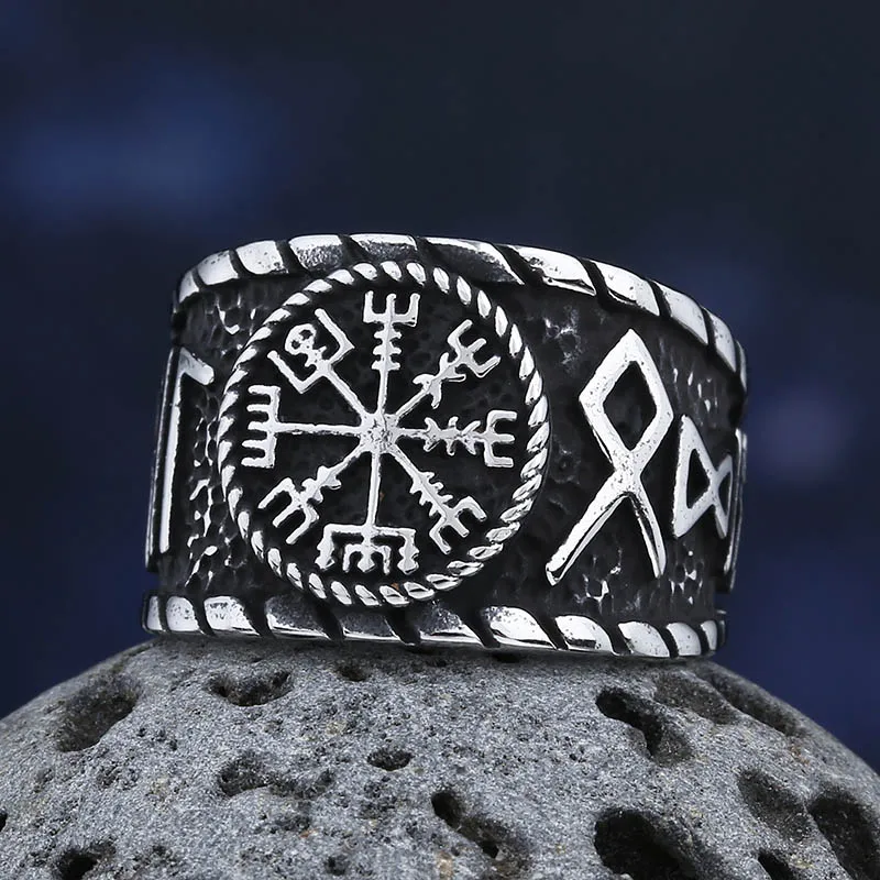 2024 New Vintage 316L Stainless Steel Viking Vegvisir Compass Odin Ring Punk Women Men Unisex Axe Valknut Jewelry For Party Gift