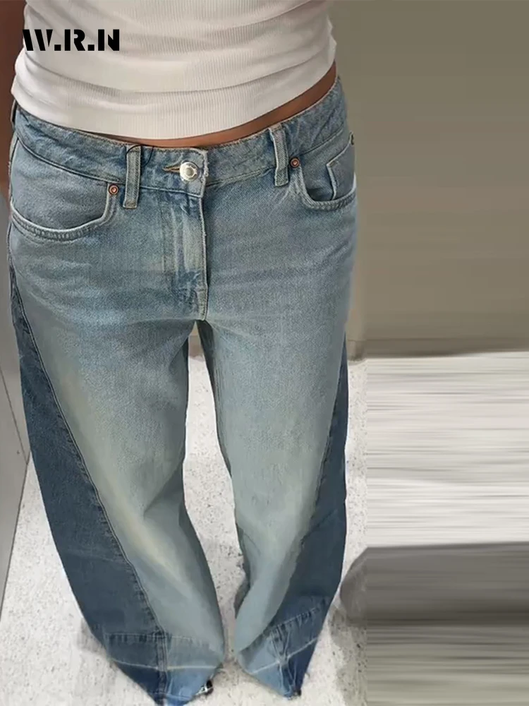 

Винтажные контрастные лоскутные женские джинсовые брюки, мешковатые широкие прямые джинсы, модные модные повседневные элегантные уличные брюки