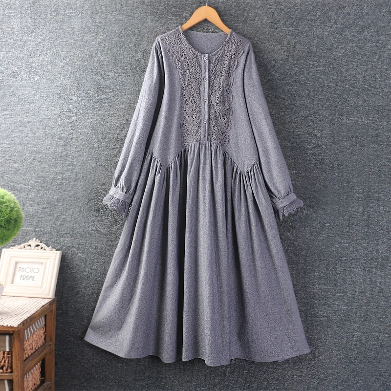 

Japan Style Sweet Mori Girl Embroidered Cotton Linen Dress Women Spring Autumn O-Neck Long Sleeve Casual Loose A-Line Midi Dress