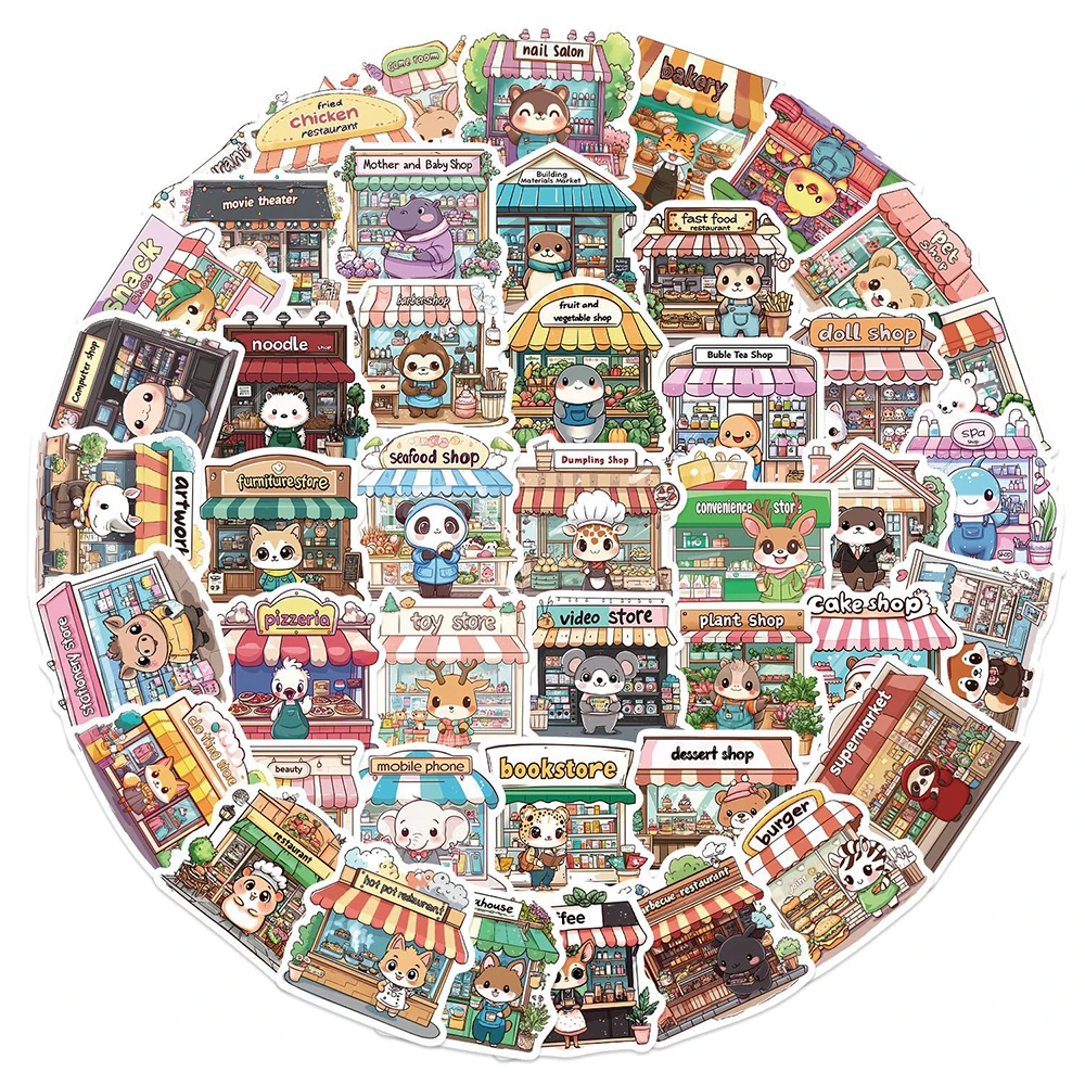 10/30/50pcs Simpatici Animali Negozio Serie Adesivi Del Fumetto Divertente Creativo Graffiti Adesivo FAI DA TE Bottiglia di Acqua Frigo Telefono Decalcomanie giocattoli
