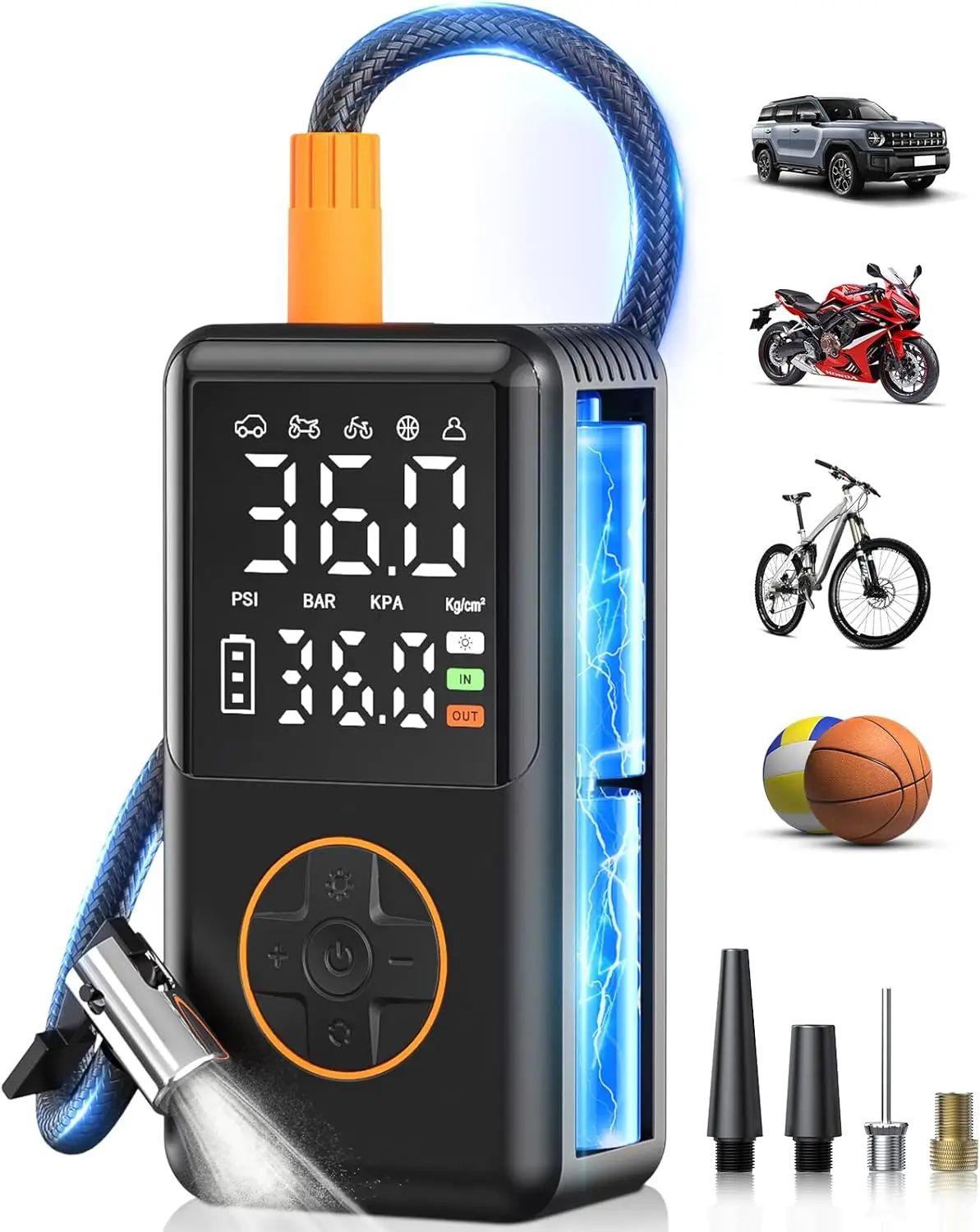 

Portable Tire Inflator 150 PSI Air Compressor with Dual Screen, Pressure Gauge & LED Light for Car, Bike, Motorcycle Tires and B
