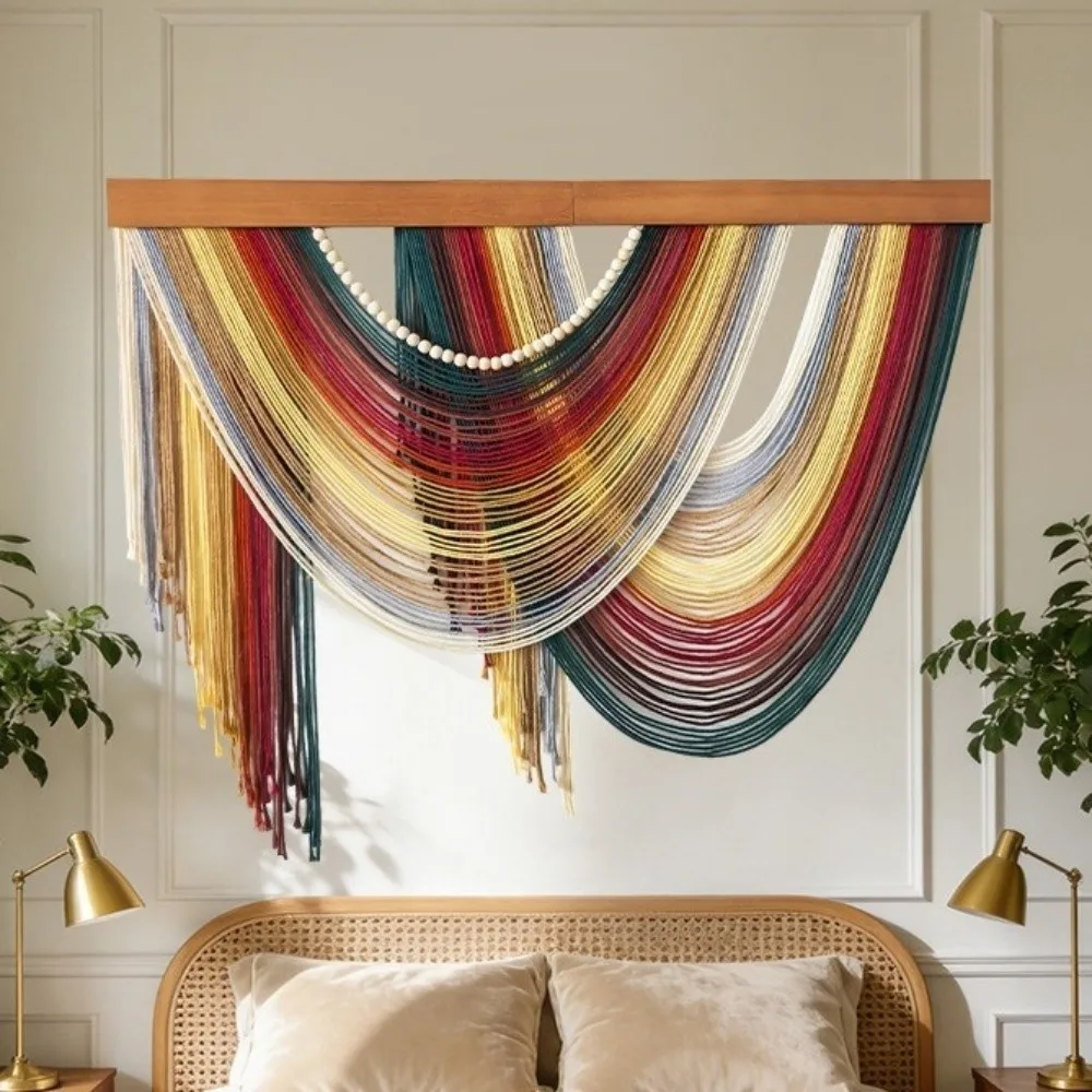 

Wooden Bohemian Wall Decor Hand-Woven Wall Art Handmade Tassel Tapestry Aesthetic Cozy Handmade Macrame Wall Hanging Headboard