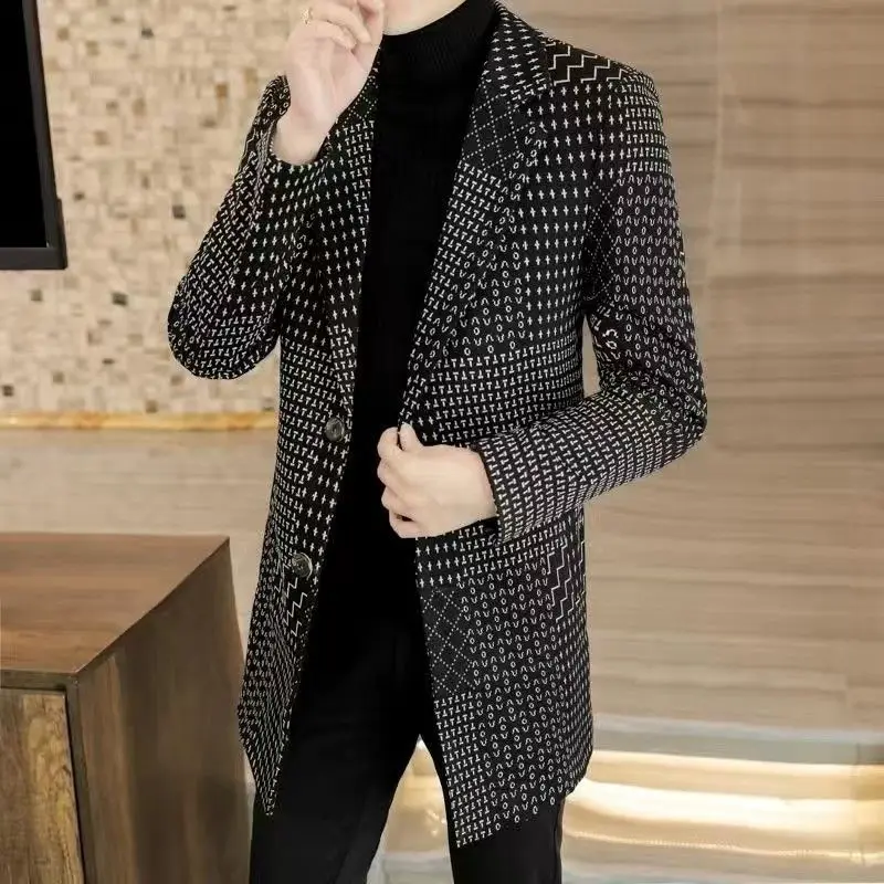 Autumn Winter New Fashion Turn-down Collar Long Sleeve Printing Trench Men's Clothing Korean Medium Long Styles Button Chic Tops