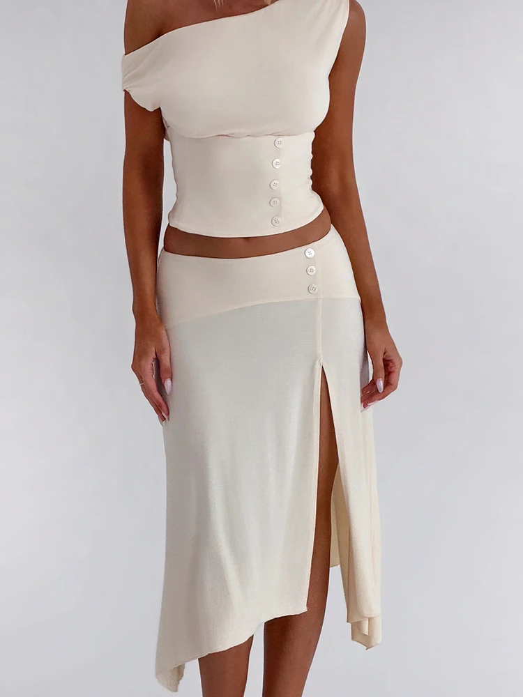 

Sisterlinda Sexy 2 Piece Set Women Fashion Button Patchwork Slash Neck Ruched Crop Tops+Split Skirts Simple Trend Vacation Suit