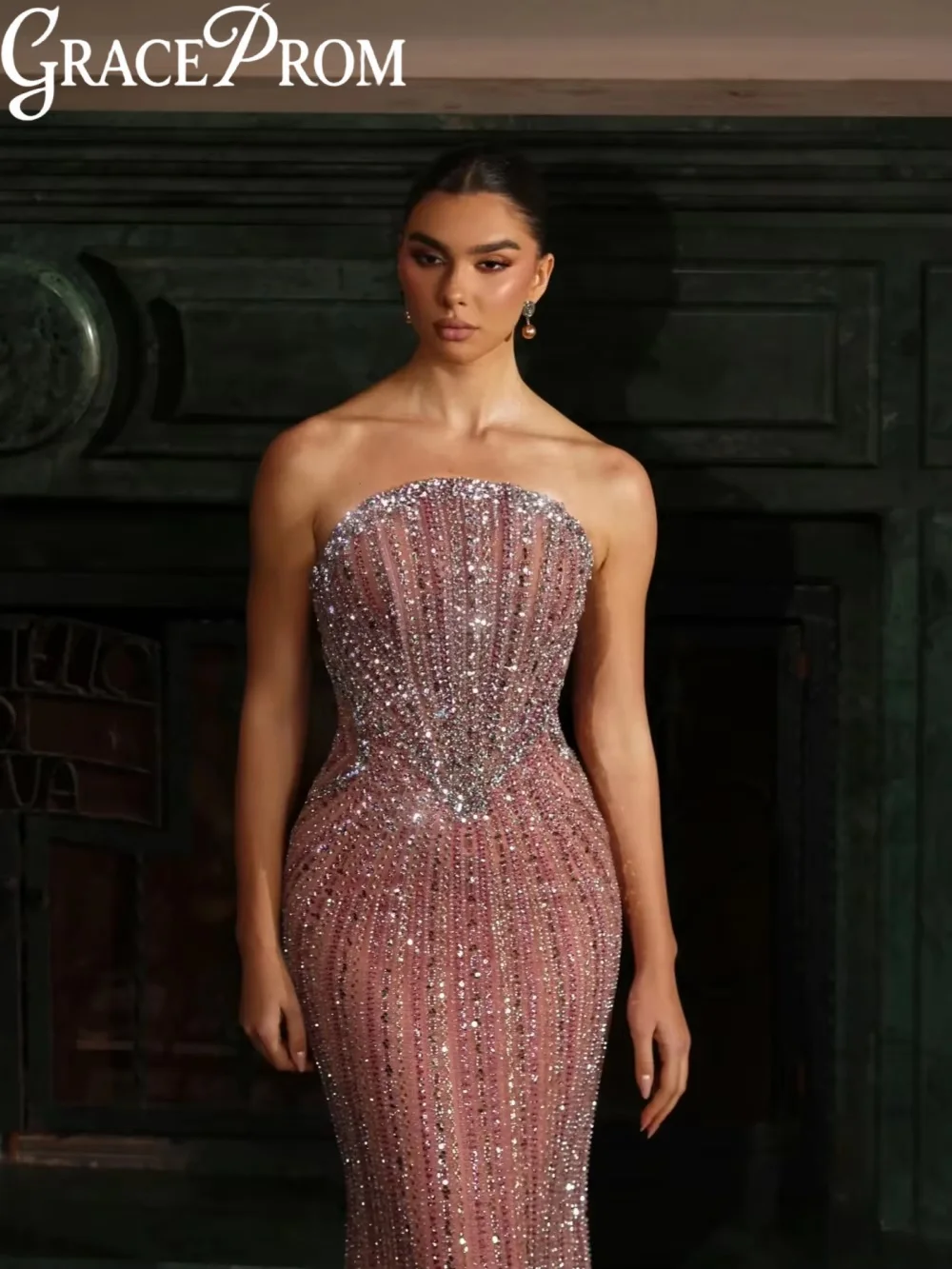 New Blush Pink Beaded Evening Dress Elegant Strapless Straight Long Red Carpet Gown 2027 Customized Gorgeous Banquet Gowns