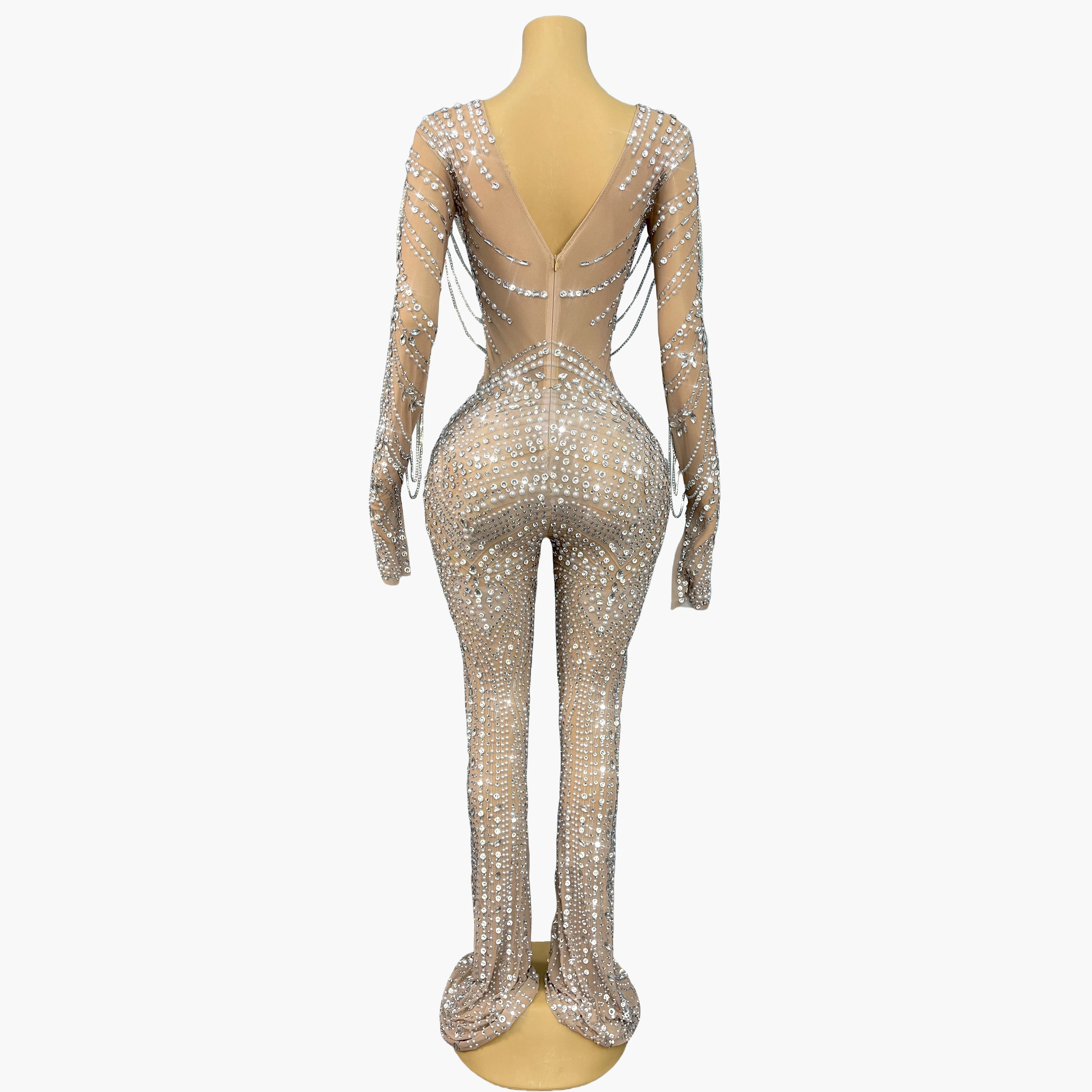 Peleles de manga larga con diamantes de imitación para noche, mono con cadenas de cristales ostentosos, mono elástico brillante Sexy para cumpleaños, Ropa de baile kuotui