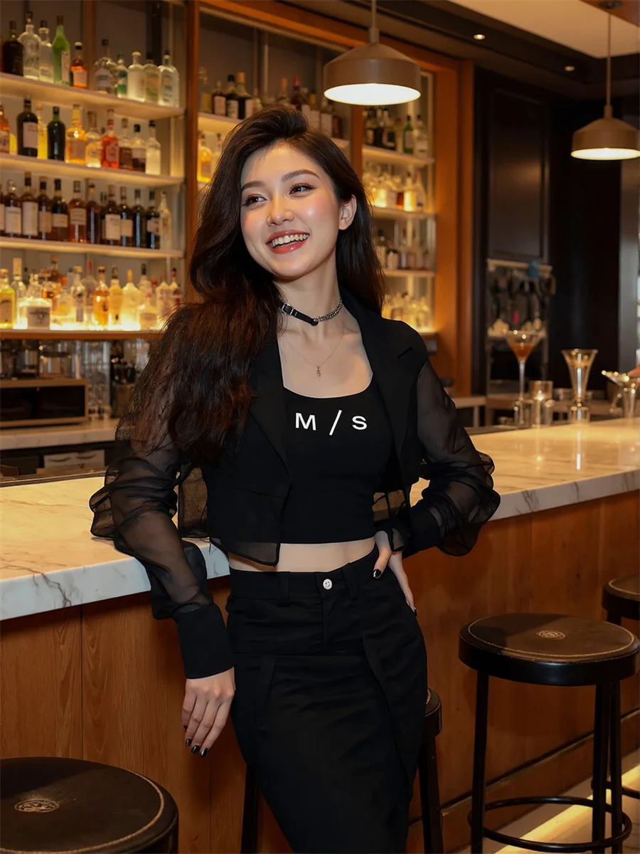 Sun-proof Cropped See-through Back-Slit Blazers Elegant Woman Clothes For Women Temperamet Slim-Fit Crew-Neck Zip Shimmer Splied