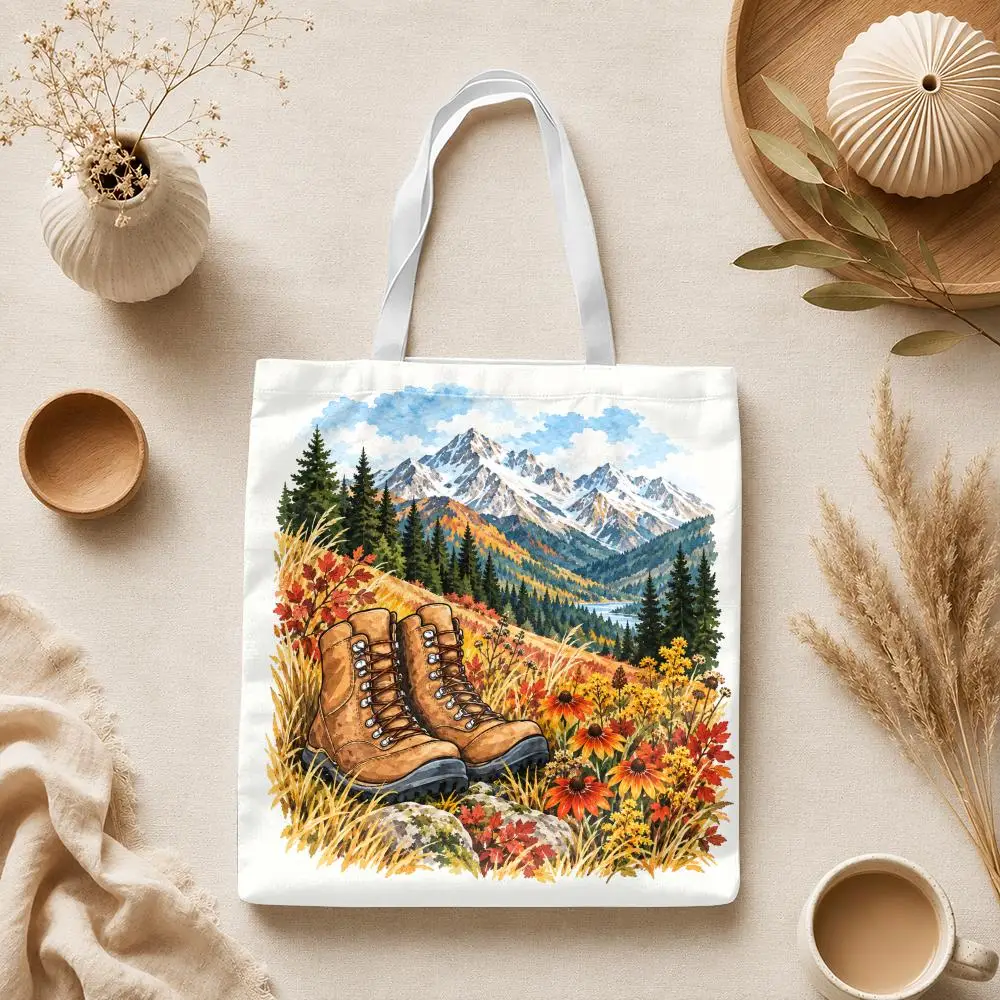 Mountain Trails and Hiking Boots Storage Bags Canvas Tote Bag Large Capacity Shoulder Bag Eco-Friendly Reusable Casual Handbag