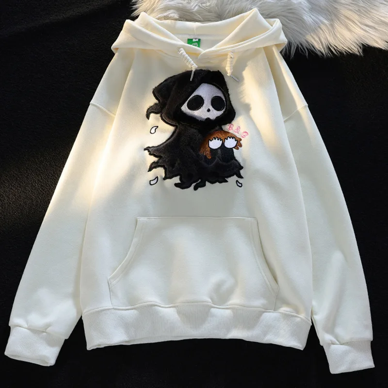 2024 Autumn Halloween Clothes Embroidery Little Ghost Plus Fleece Hoodie Women\'s Winter Thick Lazy Loose Sweatshirt Couple Wear