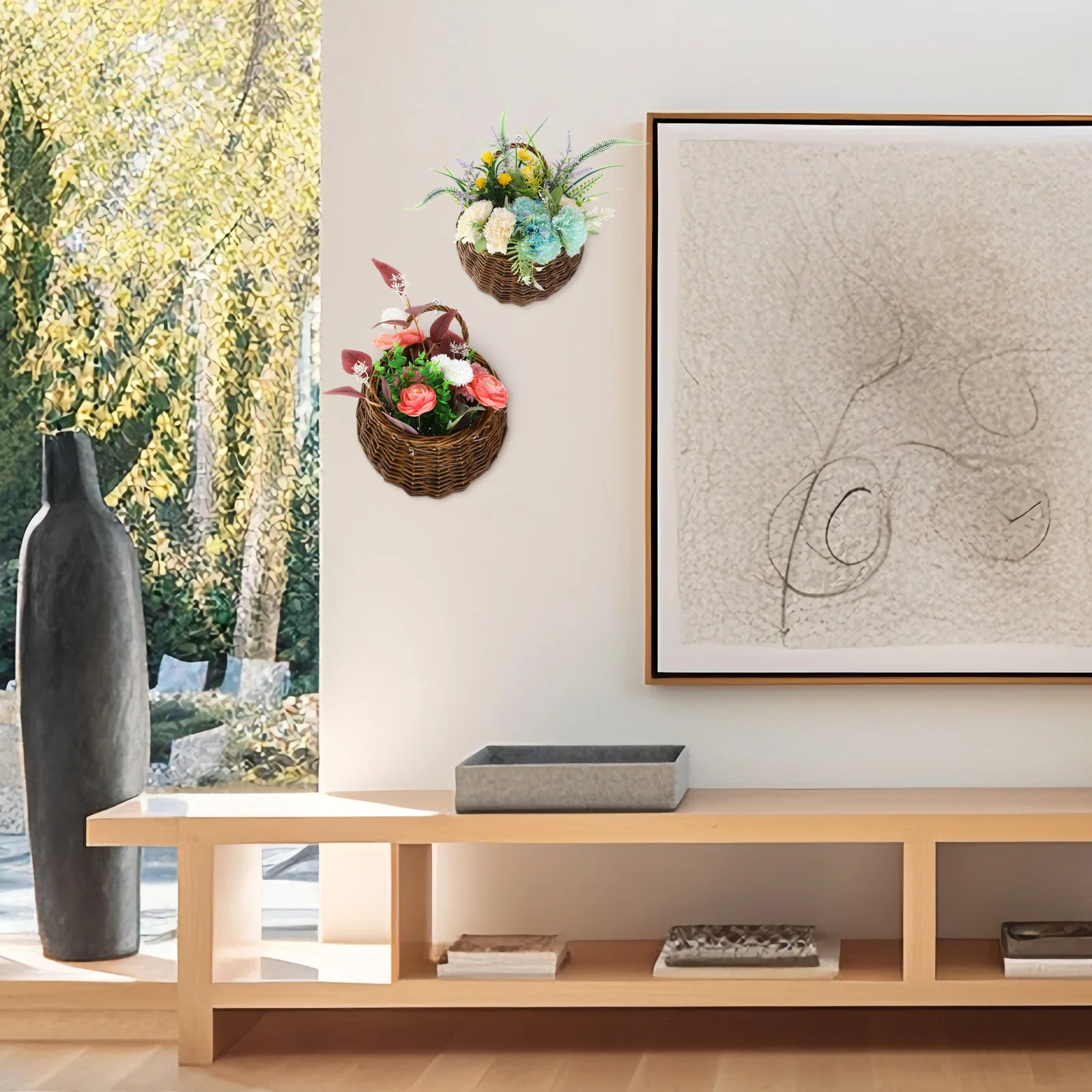 

2Pcs Wall Hanging Flower Basket Rattan Multi-Function Plant Holder for Room Office Decorative Use Wall Flower Basket