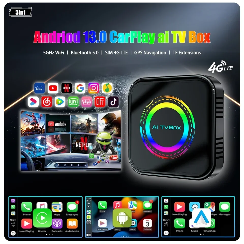 

New Android 13 Ai Box 8+128G Apple CarPlay & Android Auto 3-in-1 Smart Multimedia Box Built-in GPS Navigation SIM 4G LTE Network