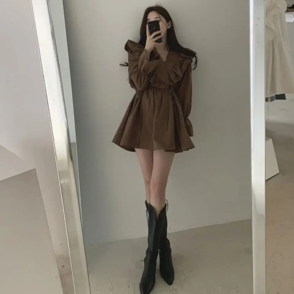 

Dresses for Women 2023 Spring Short Mini Clothes Ruffle Woman Dress Long Sleeve Outfits Summer Cheap Casual Retro