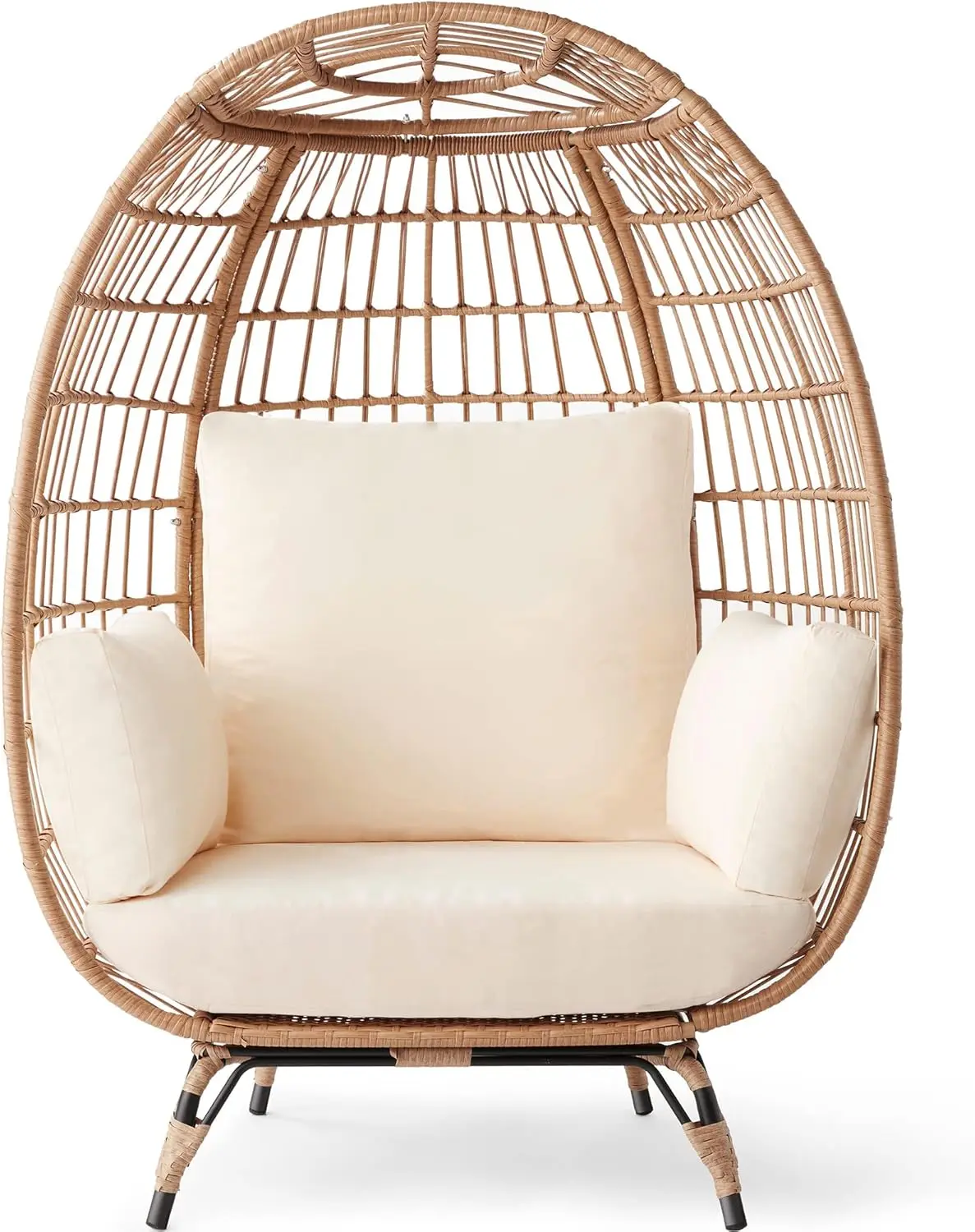 Wicker Egg Chair, Oversized Indoor Outdoor Lounger for , Backyard, Living Room w/ 4 Cushions, Steel Fr